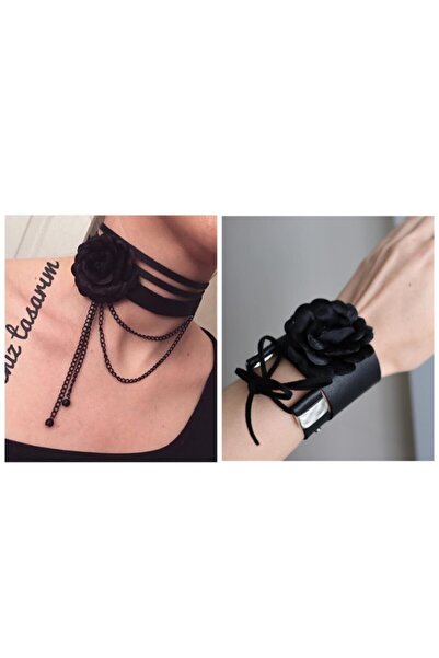 DENİZ TASARIM Deri Takım Güllü Choker Ve Bileklik