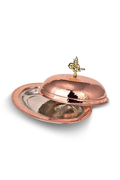 Tanemce 25 cm Red Copper Saltanat Inflatable Boat Presentation Plate with Lid - Hand Forged (4405-1)