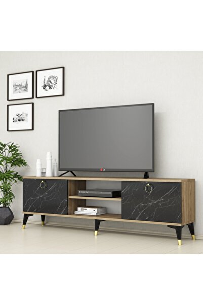 FERNISO Mermer Desen Altın Kulplu Modern Ayak 160 cm Tv Sehpası