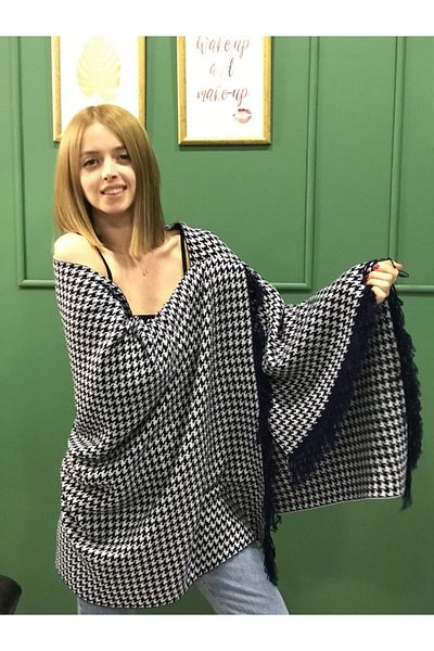 Ocean Navy Blue Gray Goose Feet Knitwear Shoulder Shawl