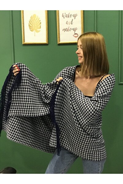 Ocean Navy Blue Gray Goose Feet Knitwear Shoulder Shawl