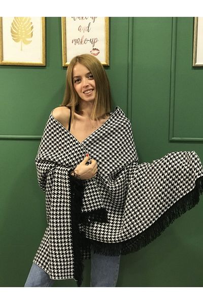 Ocean Black Houndstooth Knitwear Shoulder Shawl