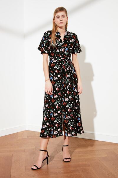 Trendyol Collection Μπλε υφαντό φόρεμα με μάξι υφασμένο βισκόζη πουκάμισο με λουλούδια TWOSS19EL0094
