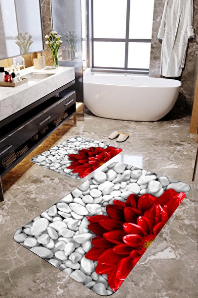 MEKTA HOME 3D Red Floral Σετ 2 Πατάκια Μπάνιου Mktbp-015 60x100/50x60