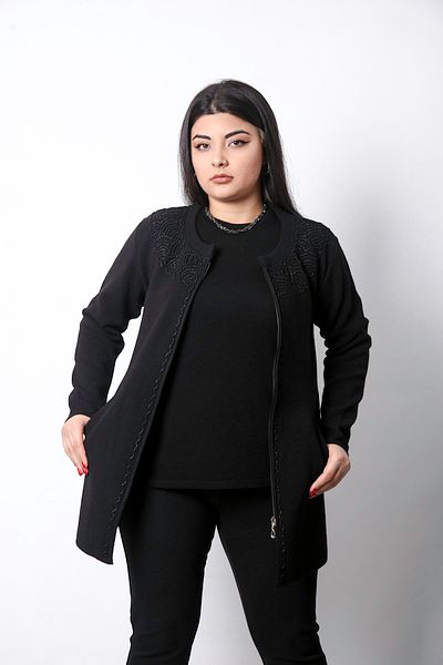 Laden Women's Black Knitwear Wool Cord Embroidered Jacket