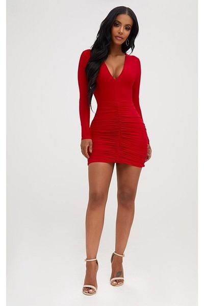 Secret Passion Lingerie Tknfashion Flexible Fabric Low-cut Chest Gather Detailed Long Sleeve Red Mini Dress 394