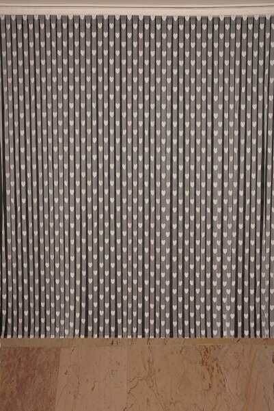 AKÇA TEKSTİL Kalpli Krem Renk Ip Perde Hazır Düğmeleri Dikilmiş 3 Mt. Kupon Perde 300*270 Cm