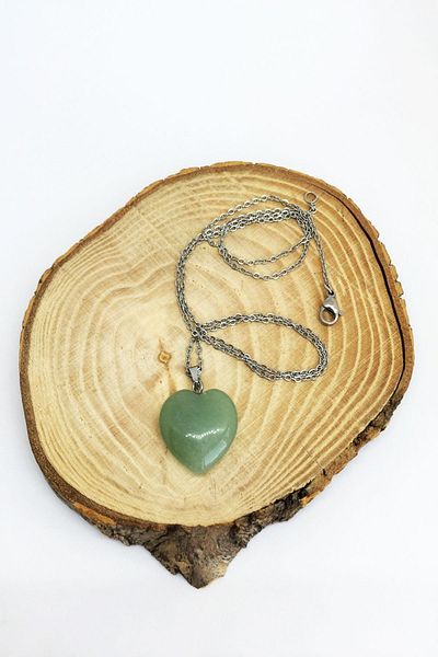 axexuar Aventurine Stone Natural Stone Pendant Heart Shaped 316l Steel Necklace 50cm Zodiac Stone