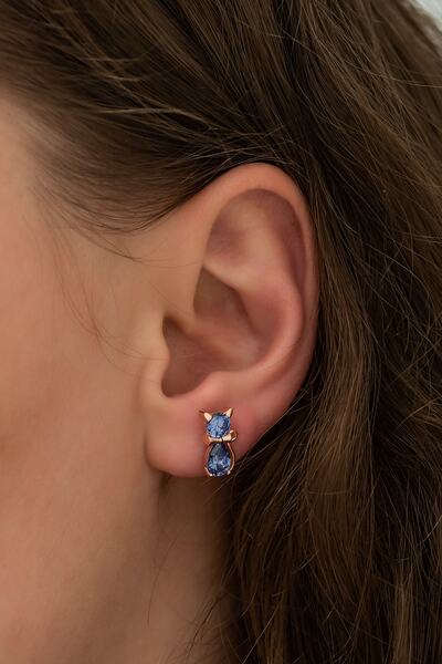 Nereze 925 Ayar Tanzanit Taşlı Kedi Küpe Kadın Gümüş Küpe