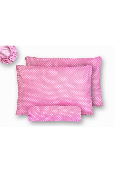 mer-tim ezberbozan ev tekstili Mer-tim Cotton Ranforce Double Pink Polka Dot Elasticless Sheet and Pillow Case - 240x260
