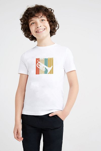 QIVI Tricou imprimat unisex pentru copii cu siluetă albă Mellophone stil vintage