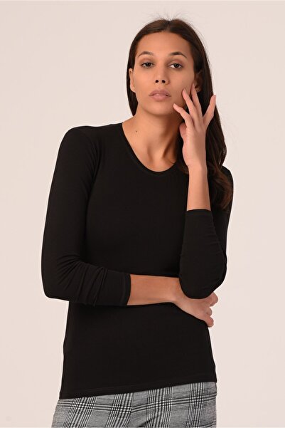 DISENTIS MODEST Черен боди от вискоза с дълъг ръкав и кръгло деколте