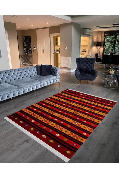 NaRStore Home Decoser 2056 Otantik Kırmızı Renk Pamuk Tabanlı Kaymaz Yıkanabi...