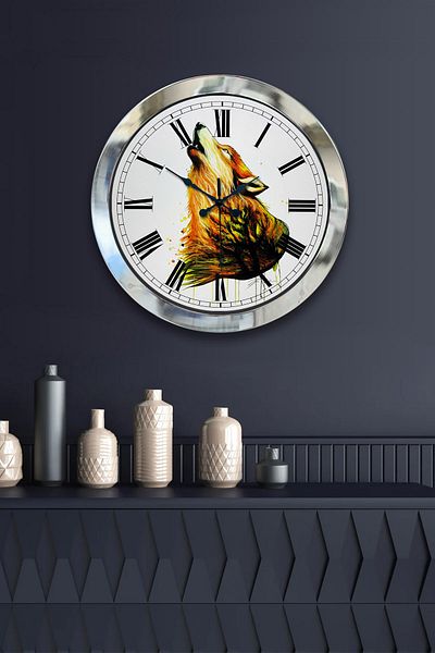 Kasva Concept Gift 36 cm Chrome Metal Wolf Wall Clock