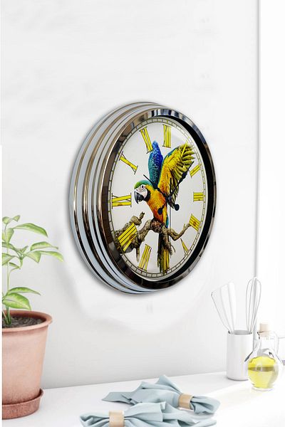 Kasva Concept Gift 40 cm Chrome Metal Parrot Wall Clock