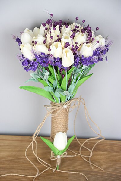 Yapay Çiçek Deposu Gelin Buketi Zovala Beyaz Islak Lale Morlu Gelin Buketi 2li Set
