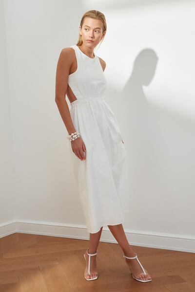 Trendyol Collection Design ekrü derék Midi szőtt bélelt hátul részletes szőtt ruha TWOSS21EL3598