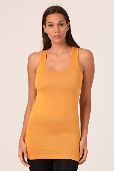 DISENTIS MODEST Kadın Hardal Kalın Askılı Rambo Viskon Uzun Body