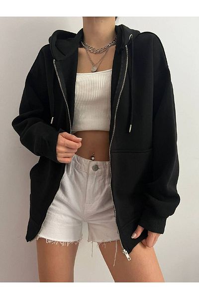 ÇEÇİM Pulover negru pentru femei, supradimensionat, cu fermoar, Zyn-58342