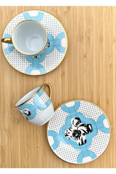 porselenden Kütahya Turquoise Rose Series Porcelain Coffee Cup Set for 2 Persons Serving Presentation Set
