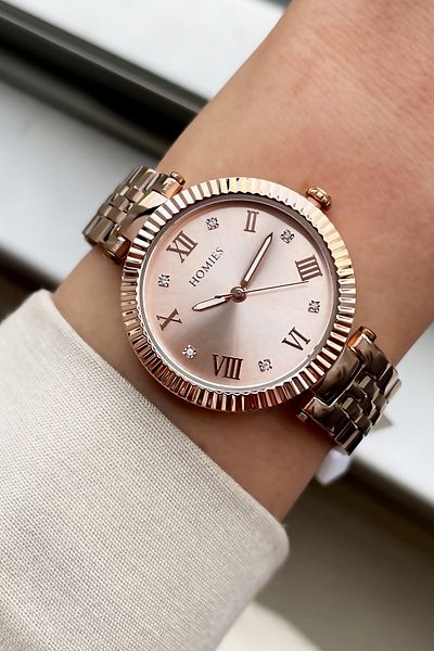 Homies Women's Wristwatch 3 Atm Waterproof Rose Gold Color Steel Strap + Bracelet Elg470