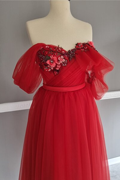 Lenta Moda Kırmızı Drapeli Ve Dantel Detaylı Abiye Ve Gece Elbisesi