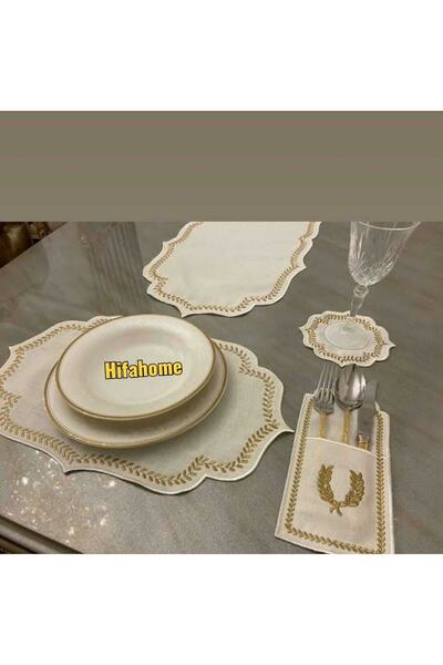 HİFA Keten Gold Başak Işlemeli Amerikan Servis Runner Takımı 6kişilik(19 Parça)