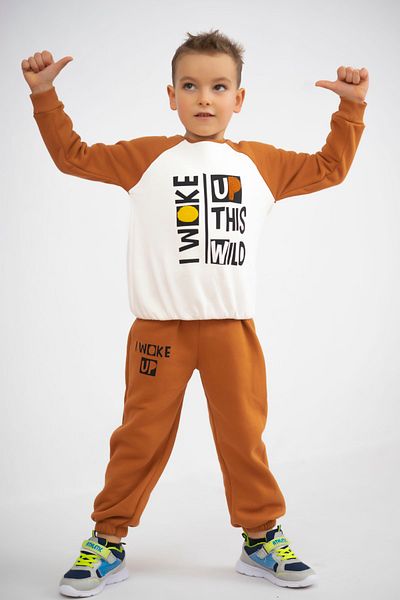 Harika KIDS Boy's 3 Thread Printed Raised Woke Up Thick Long Sleeve Basic Tracksuit Set