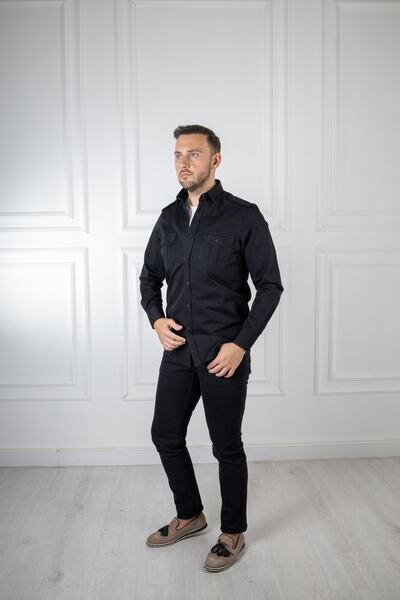 Sarar Interview Çift Cepli Slim Fit Siyah Gömlek