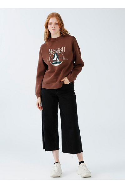 LİMON COMPANY Lemon Rundhals Bedrucktes Braunes Damen Sweatshirt Parle