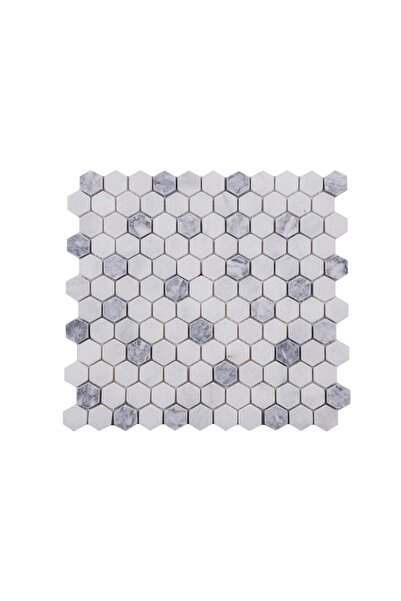 TUQCO Doğaltaş Fileli 1" Hexagon Muğla Beyazı - Gümüş Eskitme Mermer Mozaik