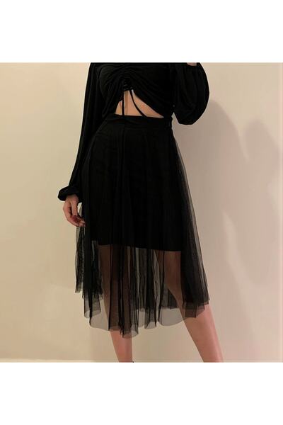 BEBE PLUS Midi Boy Fermuarlı Tül Etek