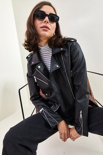 Bianco Lucci Damen-Lederjacke mit Ärmeln, Reißverschluss vorne und kleinen Taschen