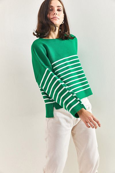 Bianco Lucci Women's Half Striped Loose Knitwear Sweatshirt