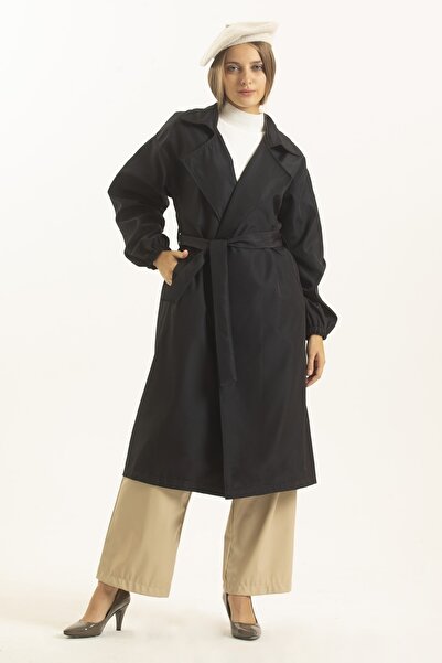 MD trend Kadın Siyah Balon Kollu Kuşaklı Trençkot