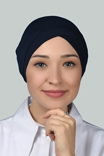 Altobeh Dört Bantlı Çapraz Dış Tesettür Bonesi Hazır Türban Penye - Lacivert