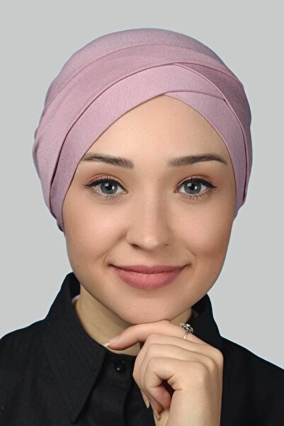 Altobeh Four-Band Cross External Hijab Cap Ready Turban Combed Cotton - Dark Pink