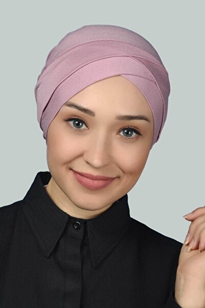Altobeh Four-Band Cross External Hijab Cap Ready Turban Combed Cotton - Dark Pink