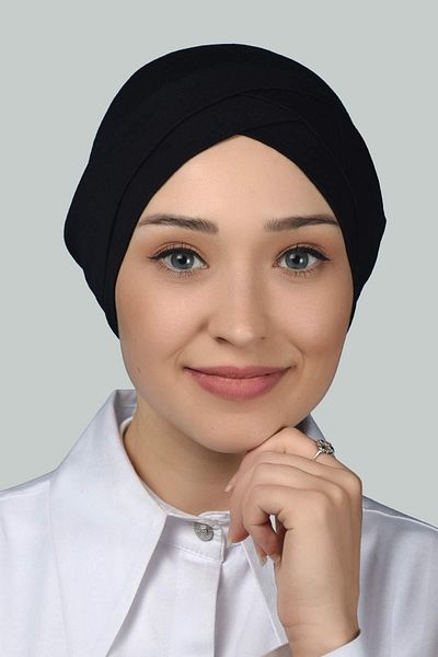Altobeh Τετράριζο Σταυρωτό Εξωτερικό Καπάκι Hijab Έτοιμο τουρμπάνι χτενισμένο βαμβακερό -ΜΑΥΡΟ