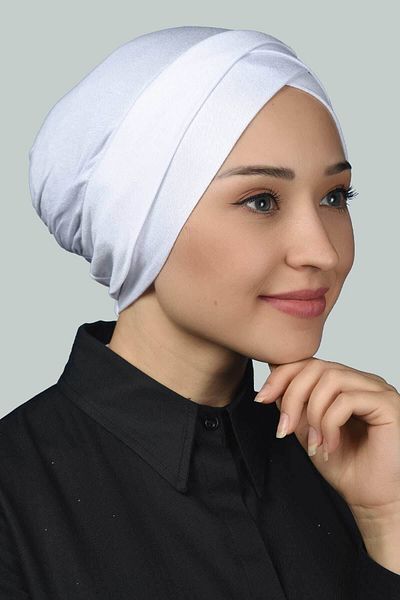 Altobeh Four-Band Cross External Hijab Cap Ready Turban Combed Cotton - white