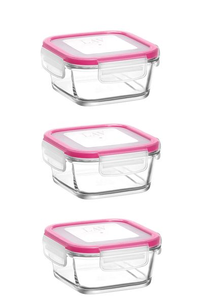 LAV Glass Locked Storage Container Set of 3 Breakfast Frs227 Pink