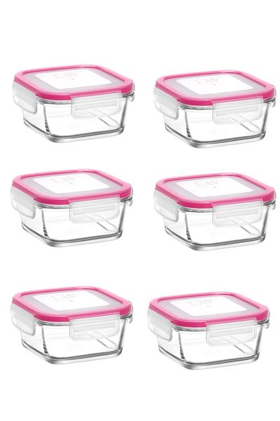 LAV Feyzade Fresco Set of 6 Glass Storage Containers with Lock - Pink Frs227 (375Cc)
