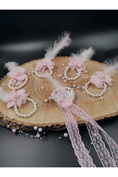 ecrin tuhafiye hobi Pembe Çiçekli & Inci Detaylı Lüx Nedime Bileklik 1 Bride + 9 Nedime Bileklik Set