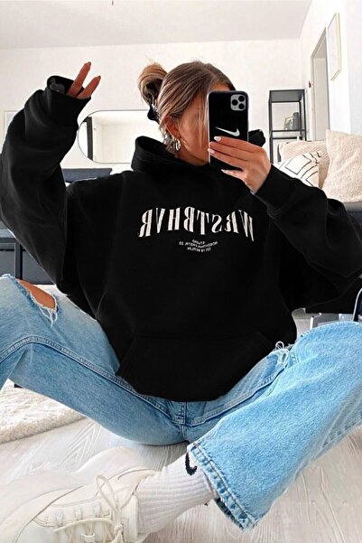 Yasolin Unisex majica Wrstbhr Štampano Oversize kroj Sa kapuljačom crna