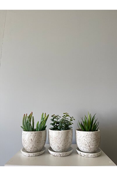 odka 3'lü Mini Saksı Seti 10cmx12cm Beyaz Renk Gold Mermer Desenli