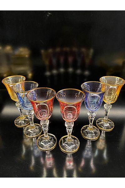 Cemile Bohemia Crystalex Asorti Colorful Gold Gilt Footed Coffee Glass 60 Ml 6 Pieces Will Be Sent