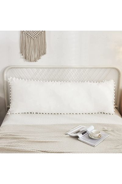 Tinybabyconcept Μακρύ κάλυμμα μαξιλαριού εγκυμοσύνης από φυσικό βαμβάκι 50x135 εκ. Λευκό με άκρη πομπόν, αναπνεύσιμο, διακοσμητικό