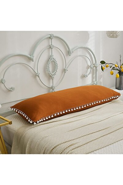 Tinybabyconcept Natural Cotton Long Maternity Pillow Case 50X135 cm Pompom Edged Cinnamon, Breathable, Decorative
