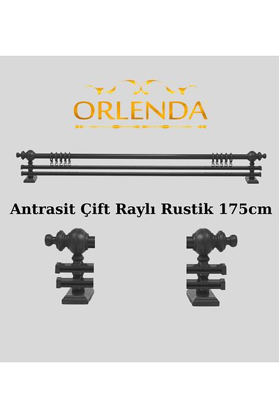 Orlenda Anthracite Wooden Headed Aluminum Pipe Rustic Curtain Hanger Double Rail 175 Cm
