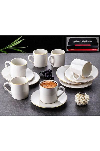 GÖNÜL Porcelain White Gold Cup Set 12 Pieces for 6 Persons